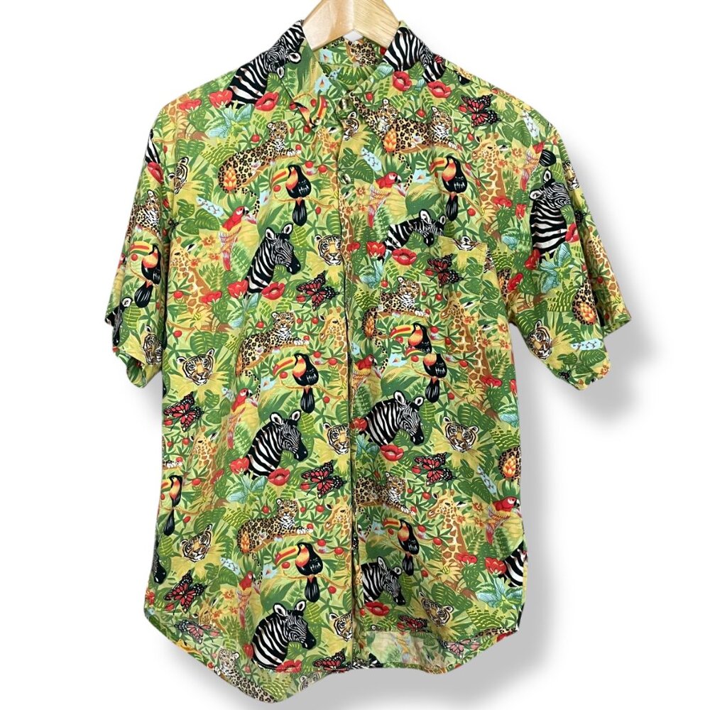 Tropical Shirt Jungle Print Men Short Sleeve Button-Down Colorful Animals Birds